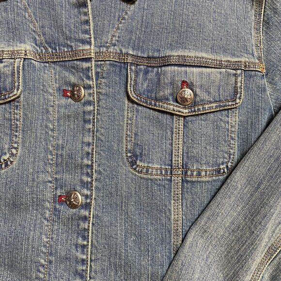 Chicos Denim Jacket Women Medium Blue Embroidered Asian Theme Trucker Style - Picture 5 of 14